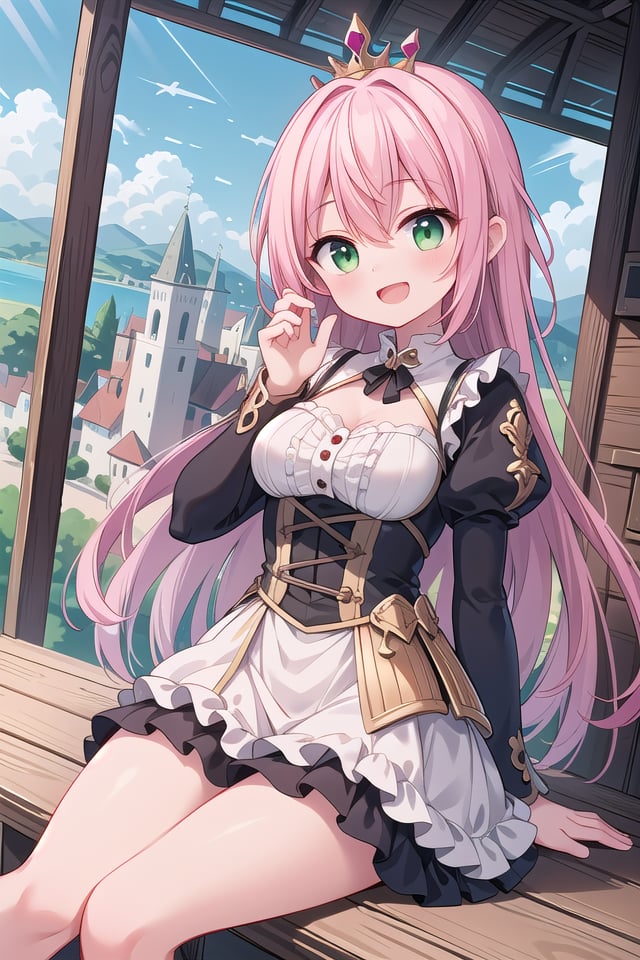 insanely detailed, absurdres, ultra-highres, ultra-detailed, best quality,1girl, solo, nice hands, perfect hands,BREAKprincess, princess dress with many frills, teara on hair,happy smile, laugh, open mouth,sitting, cute pose,from below, cowboy shot,BREAKslender, kawaii, perfect symmetrical face, ultra cute girl, ultra cute face, ultra detailed eyes, ultra detailed hair, ultra cute, ultra beautiful,BREAKon roof of castle, (fantasy world, castle, panorama view:1.3), depth of field,medium large breasts,BREAKpink hair, long hair, messy hair, green eyes, hair between eyes