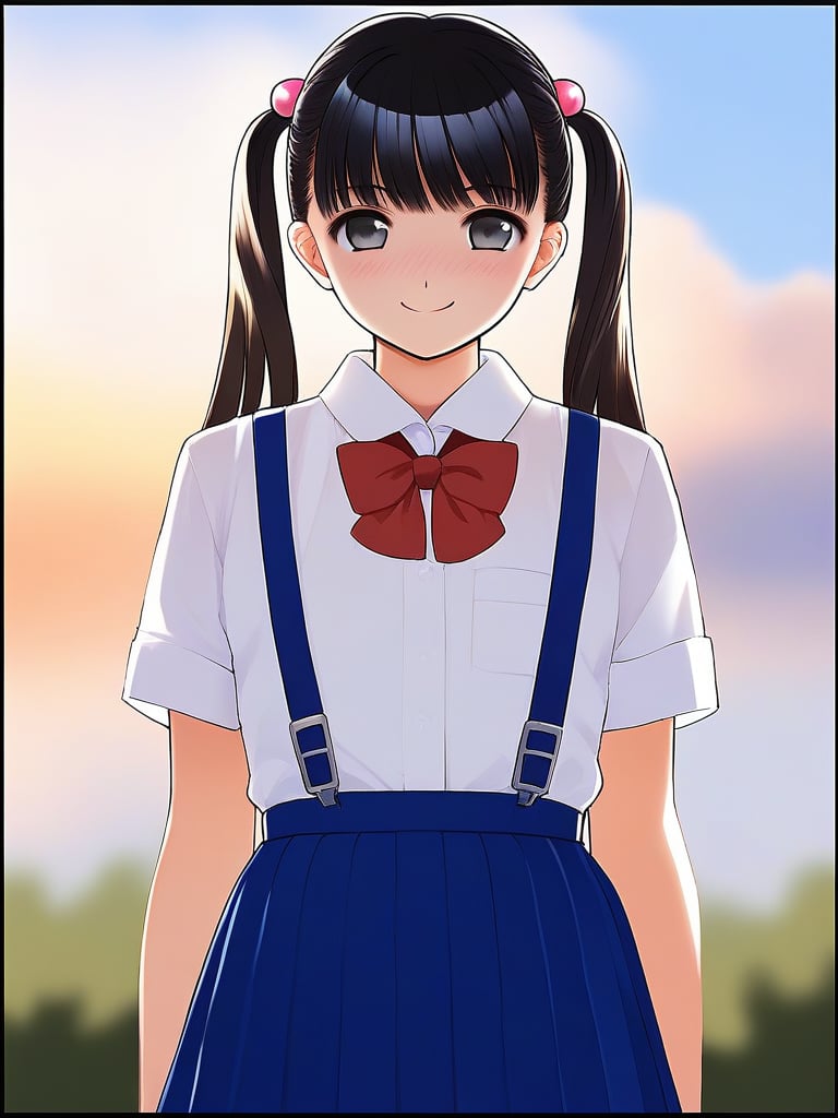 score_9, score_8_up, score_7_up, source_anime, rating_explicit, BREAK  <lora:Tsutsumi_Kinuka_Ver2.0_XL:1>  TsutsumiKinuka, hair ornament, hair bobbles, bangs,  twintails, black hair, black eyes,suspenders, day, smile, looking at viewer, short sleeves, blue skirt, school uniform, pleated skirt, bow, suspender skirt, red bow, bowtie, red bowtie, long hair, bangs, closed mouth, cloud, collared shirt, cowboy shot, sky, border, blush, black border, blurry, standing, blue sky,