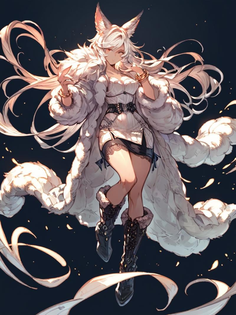 (score_9,score_8_up,score_7_up),high quality,best quality,Highly detailed,highres,1girl,sexy,black background,simple background,(Fur coat:1.2), skirt, Bangle, (Lace-up boots:1.1),<lora:granblue_XL:0.7>,