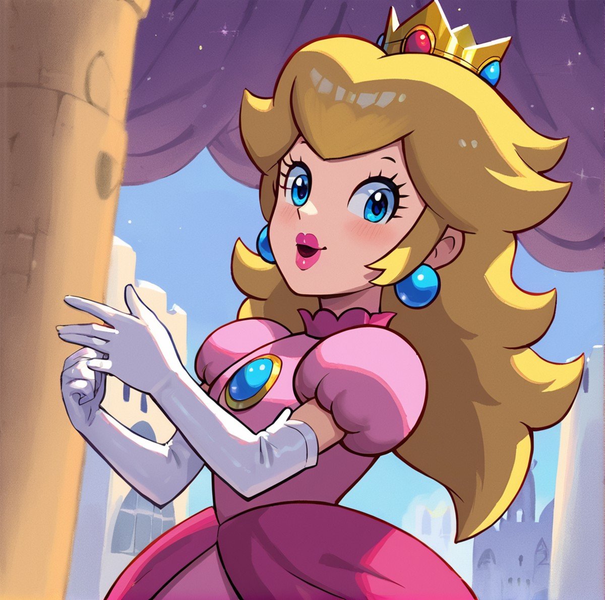 score_9, score_8_up, score_7_up,score_5_up, score_4_up (Source super mario bros), (rating safe), <lora:PrincessPeachXL:1>, princess peach, blonde hair, earrings, princess peach walking inside castle, wearing pink dress, smile, elbow gloves, pink lipstick, 1girl, solo, cartoon style, 2d art, retro style, 