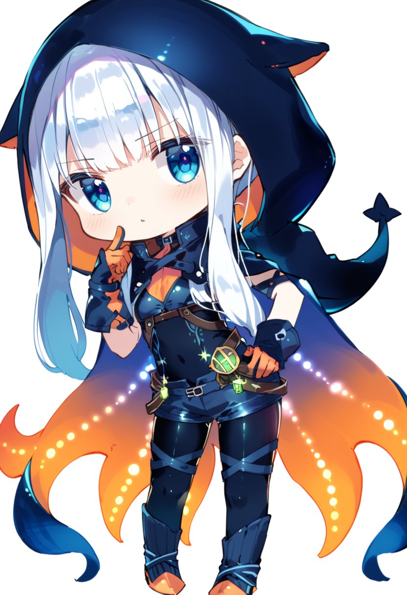 (score_9:0.9),score_8_up,score_7_up,rating_safe,anime style,(zPDXL),<lora:Namielle armor Beta ponyXL v1:0.75>,chibi,namielle armor,black hood,1girl,solo,blue eyes,black gloves,white background,looking at viewer,blush,closed mouth,white hair,long hair,simple background,standing,black thigh boots,bodysuit,sidelocks,blue hair,orange tentacle cape,black shorts,scabbard,open mouth,hand on own hip,