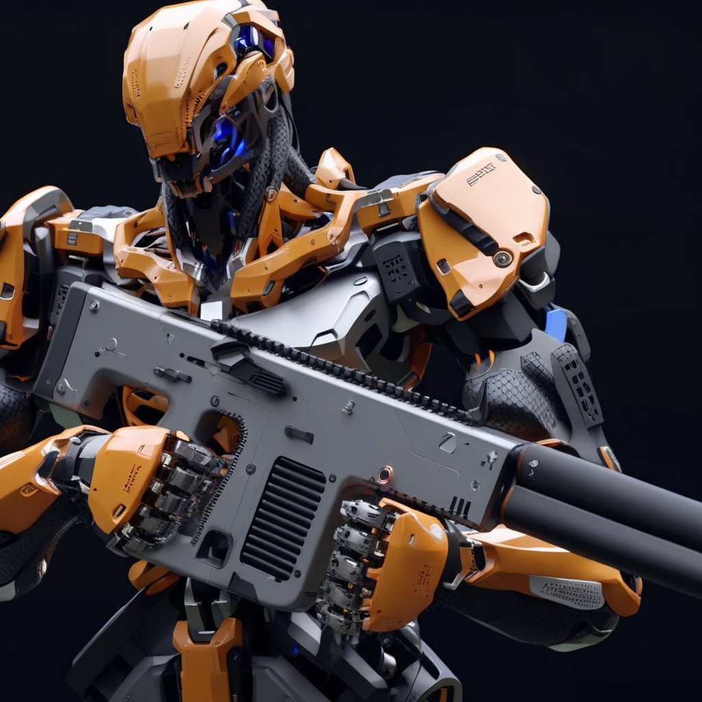 a close up portrait of a orange robot holding a gun, dark background,  shiny intricate 3D graphics octane render highly detailed 8k HDR UHD high quality professional unreal engine PS5 cinematic vray,  upper body, anime, shiny intricate 3D graphics octane render highly detailed 8k HDR UHD high quality professional unreal engine PS5 cinematic vray