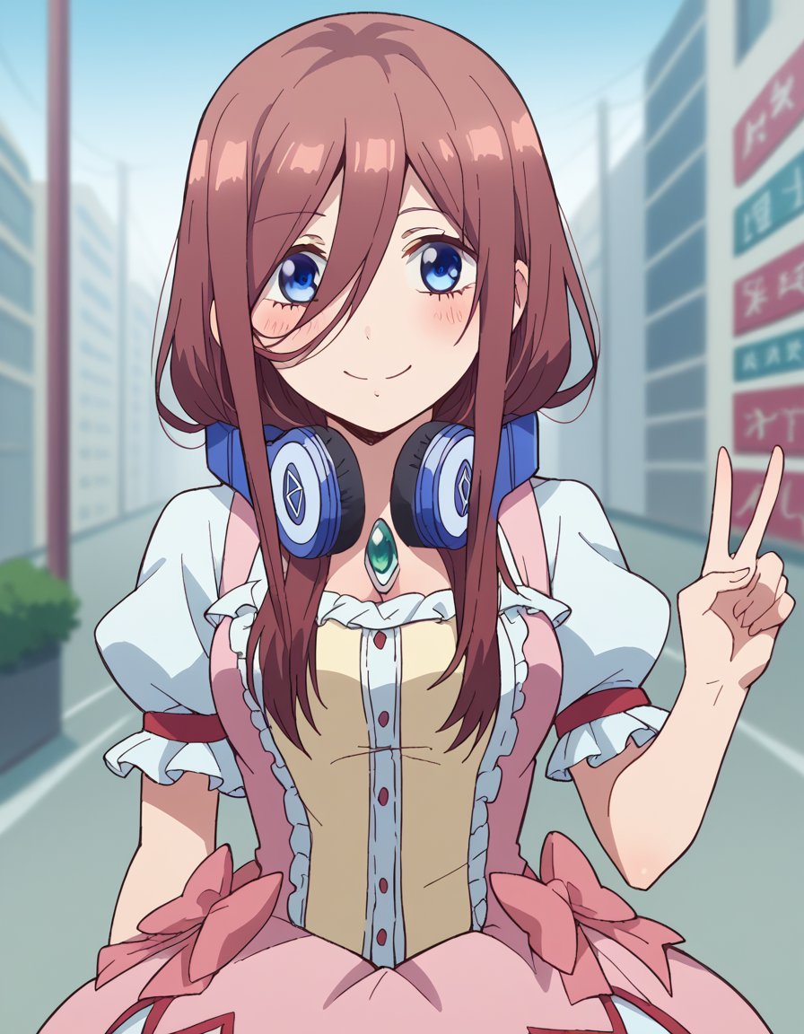 score_9, score_8_up, score_7_up, source_anime, mikunakano, <lora:miku-nakano-s1-ponyxl-lora-nochekaiser:1>, miku nakano, long hair, bangs, blue eyes, brown hair, hair between eyes, headphones, headphones around neck,, <lora:kaname-madoka-cosplay-ponyxl-lora-nochekaiser:1>, kanamemadokacosplay, kaname madoka \(cosplay\), chest jewel, dress, frilled dress, frills, magical girl, neck ribbon, pink dress, puffy short sleeves, puffy sleeves,, outdoors, streets, smile, blush, v, v over eye,, cowboy shot, dutch angle, solo,