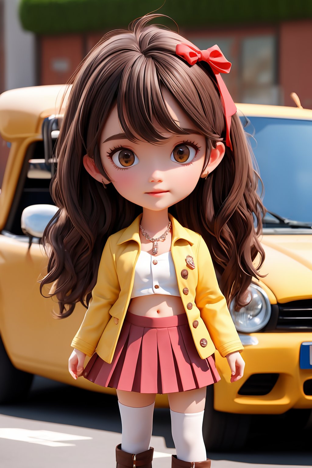 1girl, breasts, skirt, underwear, necklace, looking at viewer, navel, shirt, bracelet, cleavage, solo, long hair, pleated skirt, outdoors, cowboy shot, car, skirt, sleeves rolled up, midriff, collar, road, miniskirt, motor vehicle, collarbone, collared shirt, thighhighs, street, standing, chain, buttons, watch, bow, buttoned, single thighhigh, day, lace trim, wristwatch, jacket,