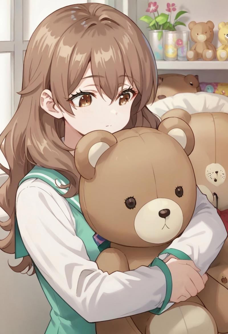 score_9, score_8_up, score_7_up, source_anime,maria mikhailovna kujou, brown hair, long hair, brown eyes, 1girl, stuffed toy, stuffed animal, solo, teddy bear, indoors, long sleeves, school uniform, hair between eyes, food, upper body, object hug