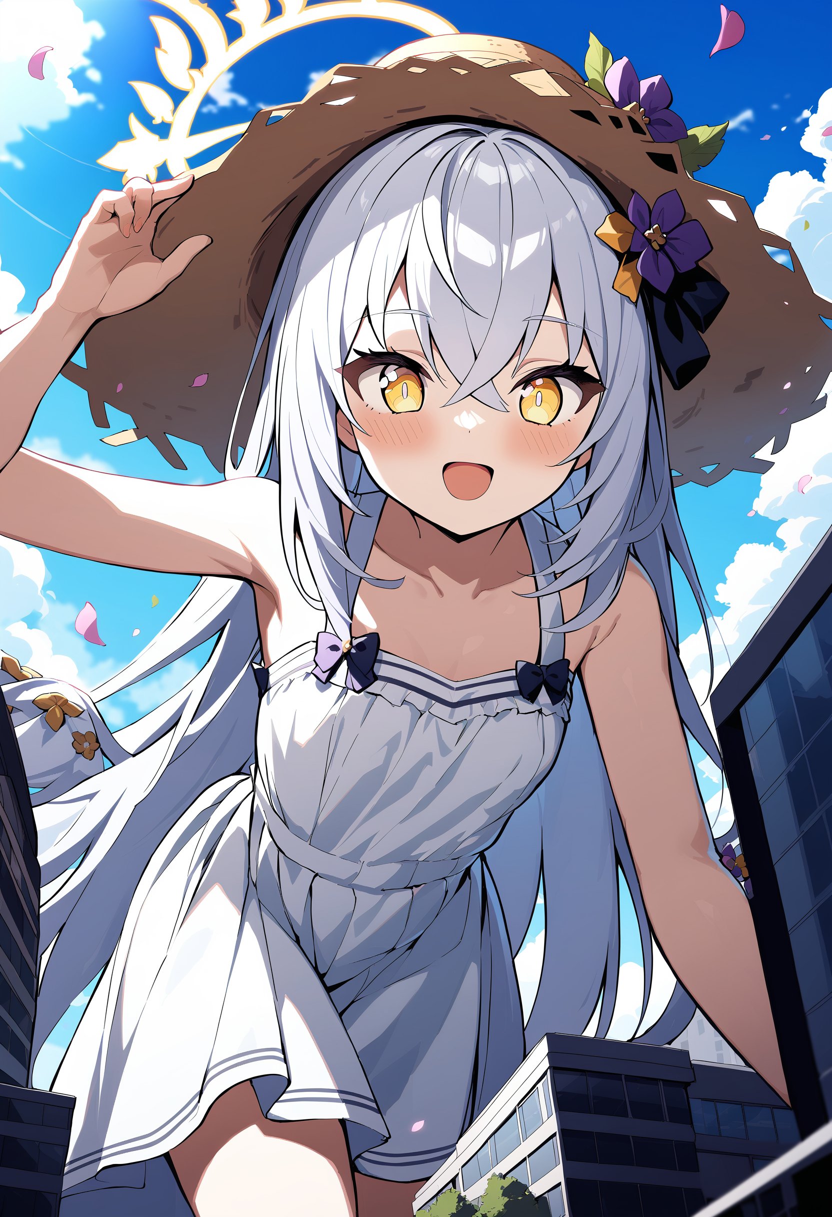 1girl, azusa \(blue archive\), blue archive, halo, blush, open mouth, bangs, bow, hair between eyes, bare shoulders, very long hair, standing, collarbone, yellow eyes, :d, small breasts, outdoors, day, white dress, arm up, blue sky, bare arms, petals, leaning forward on skyscraper, sleeveless dress, depth of field, white skirt, hat ribbon, cloudy sky, sun hat, blurry foreground, brown headwear, straw hat, hand on headwear, sundress, skyscraper, building size, giantess, looking down at viewer, masterpiece, best quality, absurdres, ultra detailed