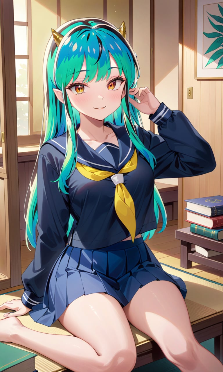 (masterpiece, highres, high quality, very aestethic, intricate details), 1girl, lumxl, lum, long hair, green hair, aqua hair, multicolored hair, oni, cone horns, serafuku, school uniform, blue shirt, long sleeves, blue skirt, pleated skirt, yellow neckerchief, sailor collar, indoors, room, japanese room, adjusting hair, looking_at_viewer, light smile, sitting, books<lora:EMS-343458-EMS:1.200000>