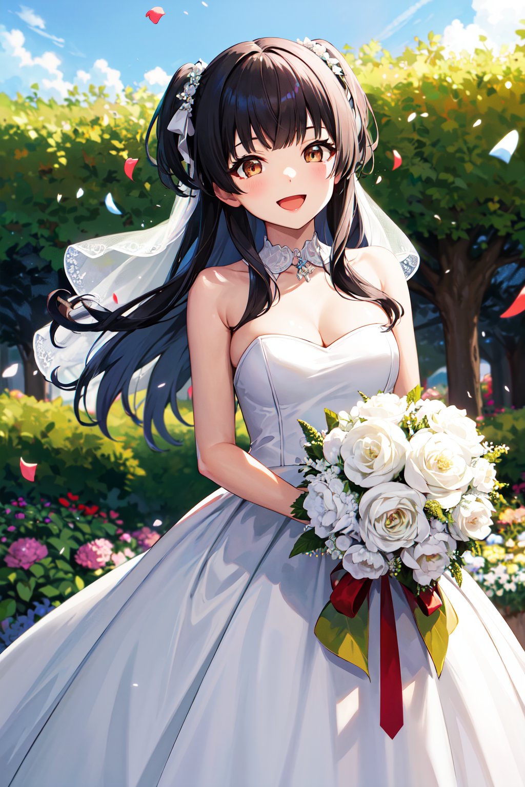 masterpiece, best quality, highres, aafuyuko, long hair, two side up, <lora:mayuzumi_fuyuko_v1:0.7>, garden, standing, smile, open mouth, wedding dress, white dress, strapless, holding bouquet, confetti, cowboy shot,