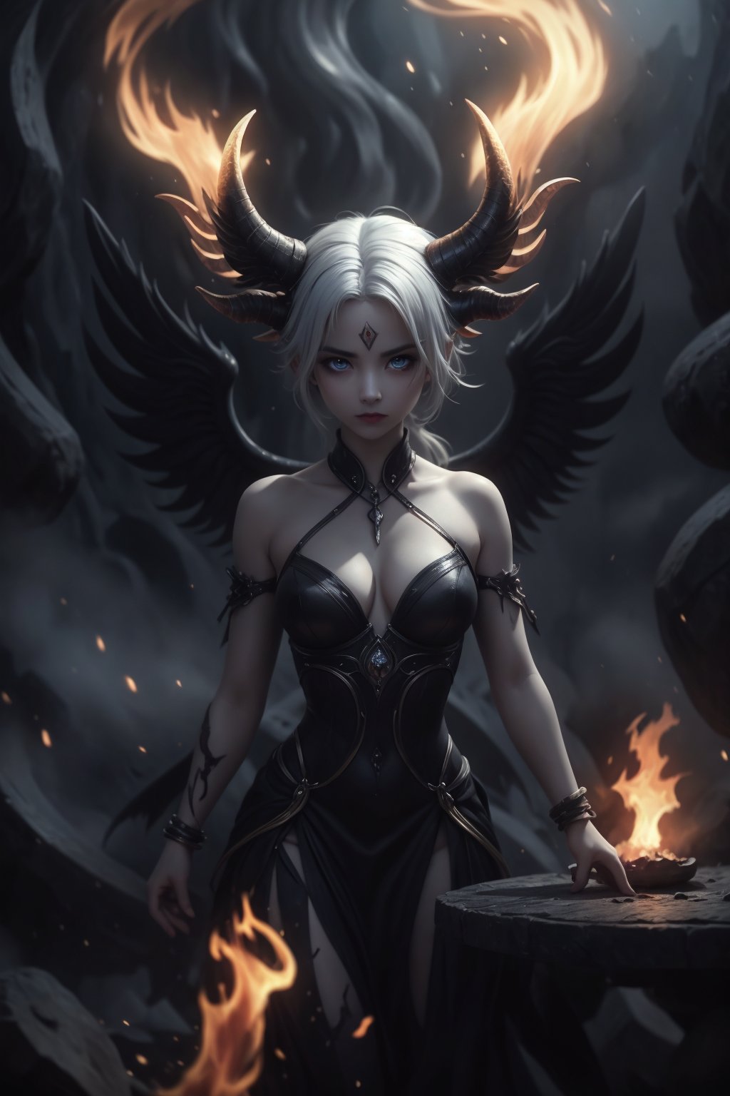 Misty Valley,a close-up of a mysterious female entity,one half of her body and face is beautiful,angelic appearance,blue eyes,white hair,the other half of her body and face is demonic,coal-black skin,red eye and hair are burning with fire,demonic horn,on her back are wings corresponding to each part of the body. Dark atmosphere,cinematic,masterpiece,clear focus.,