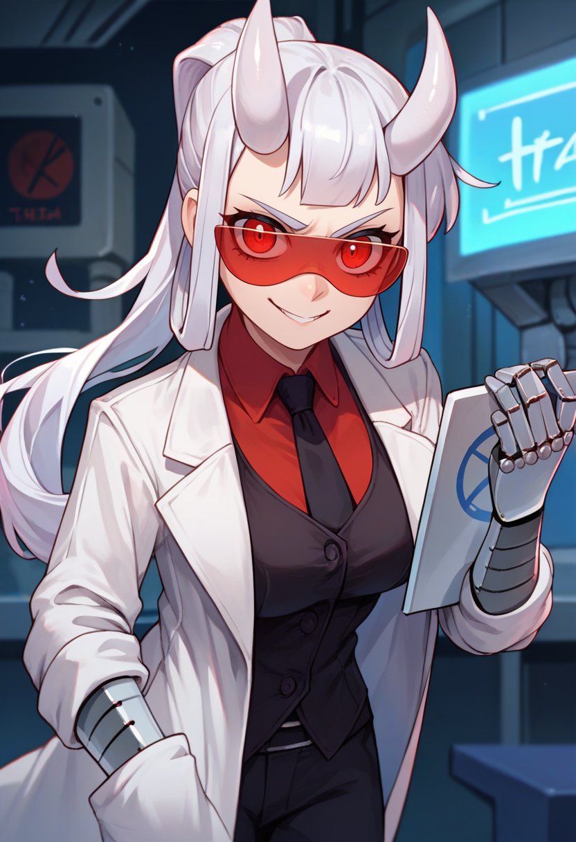 score_9, score_8_up, score_7_up, source_anime, solo, 1girl, htloremaster, mechanical arms, evil smile, looking at viewer, holding clipboard, ponytail, demon horns, goggles, v-shaped eyebrows, white lab coat, red shirt, black necktie, black vest, black pants, indoors, laboratory <lora:helltaker_loremaster_ponyXL:1>