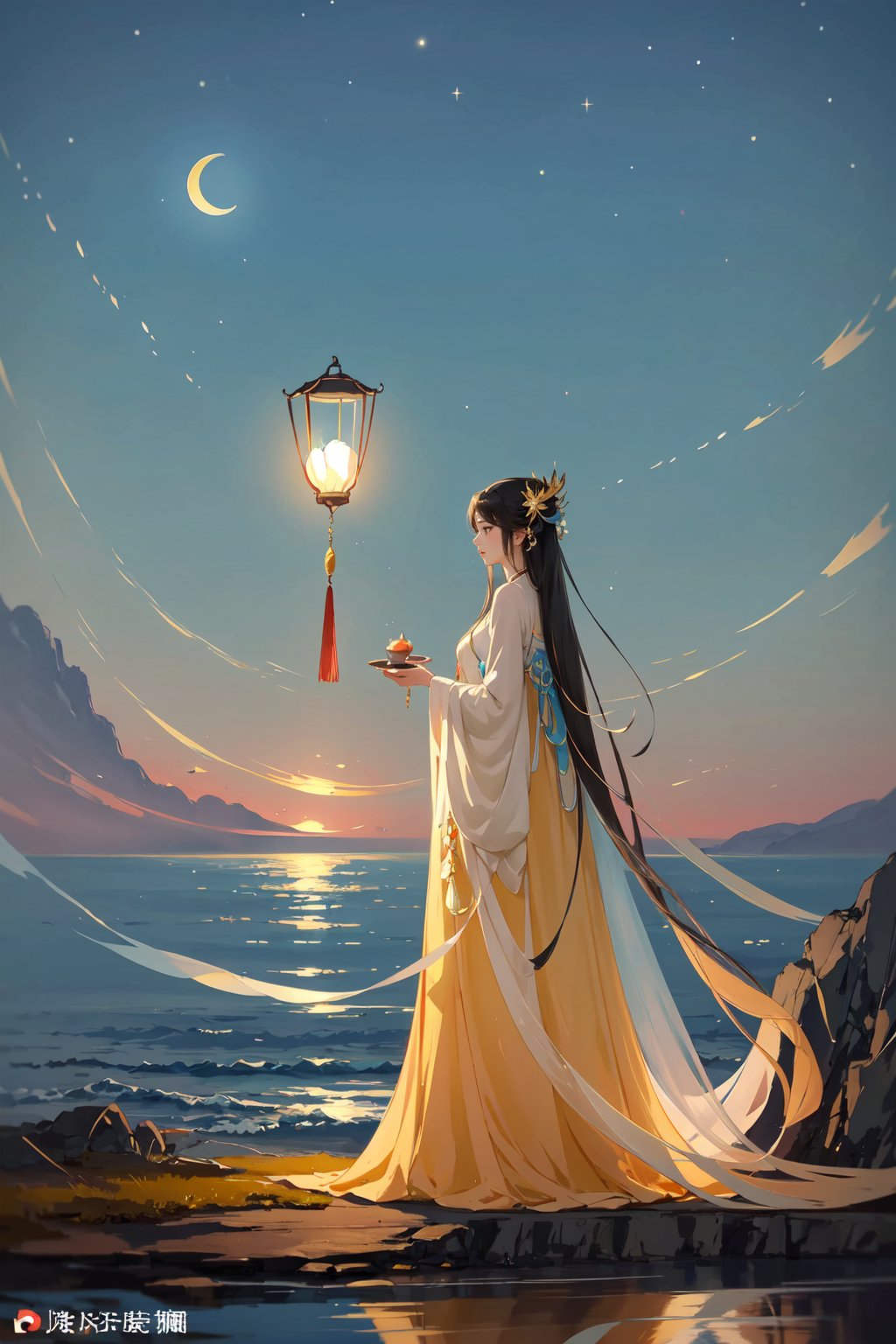 -Hanama wine, 1girl, lantern, long hair, moon, night, sky, solo, crescent moon, hair ornament, water, chinese clothes, weibo logo, dress, black hair, holding, fish, weibo username, night sky, long sleeves, holding lantern, from side, reflection,anime,<lora:Hanama wine V2-000018:0.8>,