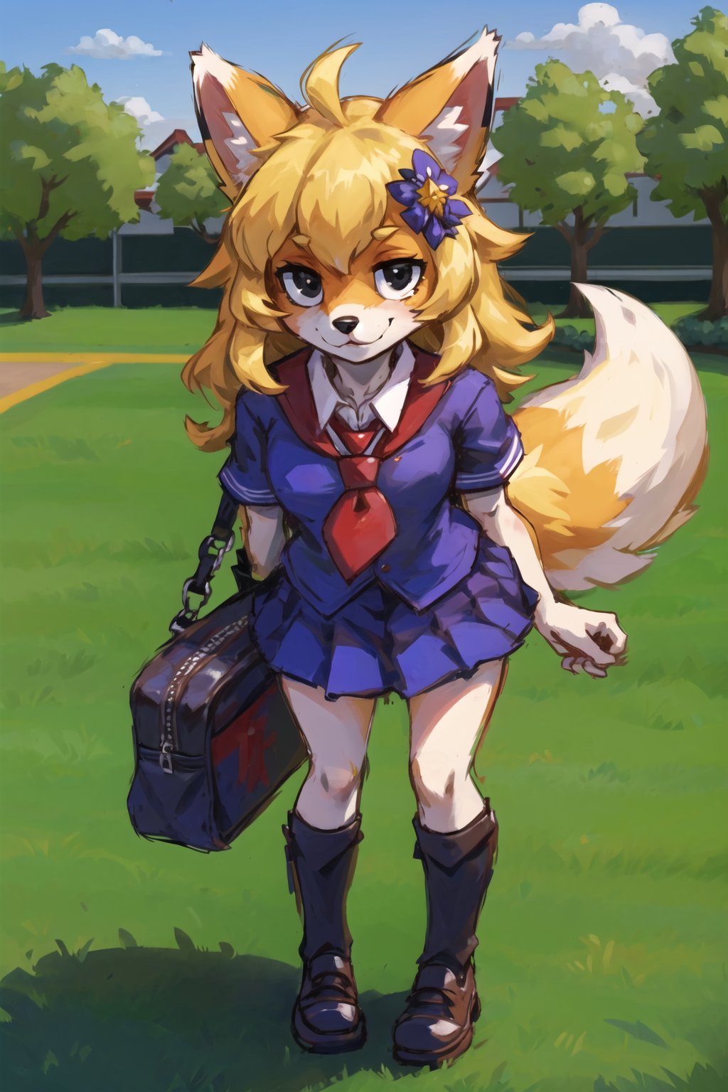 masterpiece, best quality, looking at viewer,black eyes,play groundfurry fox girl,blonde,school uniform,  hair ornament