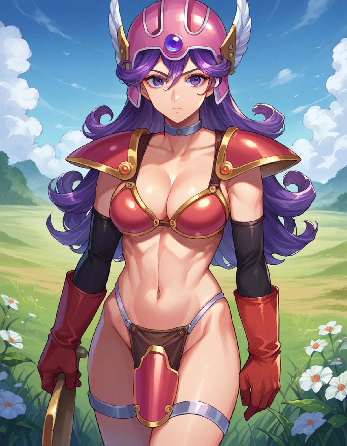 score_9, score_8_up, score_7_up, source_anime,dqsoldier, <lora:dq-soldier-ponyxl-lora-nochekaiser:1>,soldier, long hair, purple eyes, purple hair, curly hair,armor, bikini armor, choker, cleavage, elbow gloves, gloves, helmet, navel,outdoors, fields, grass,looking at viewer, dutch angle, cowboy shot,