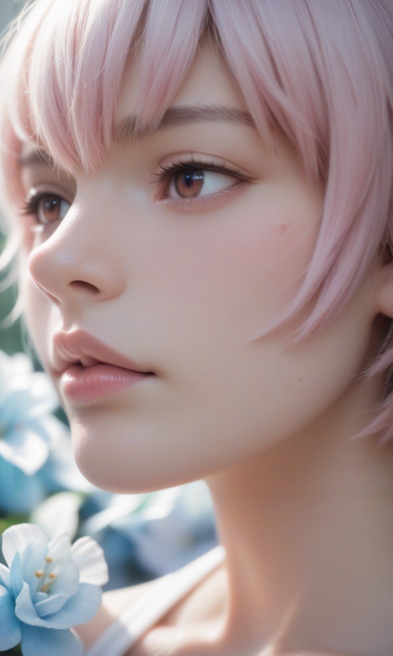 score_9, score_8_up, score_7_up, score_9, score_8_up, score_7_up, Girl's profile picture, light pink bobcut hair like a ayanami with bangs, light blue petals on cheeks, realistic skin texture, detailed picture, close-up, HD32k, 