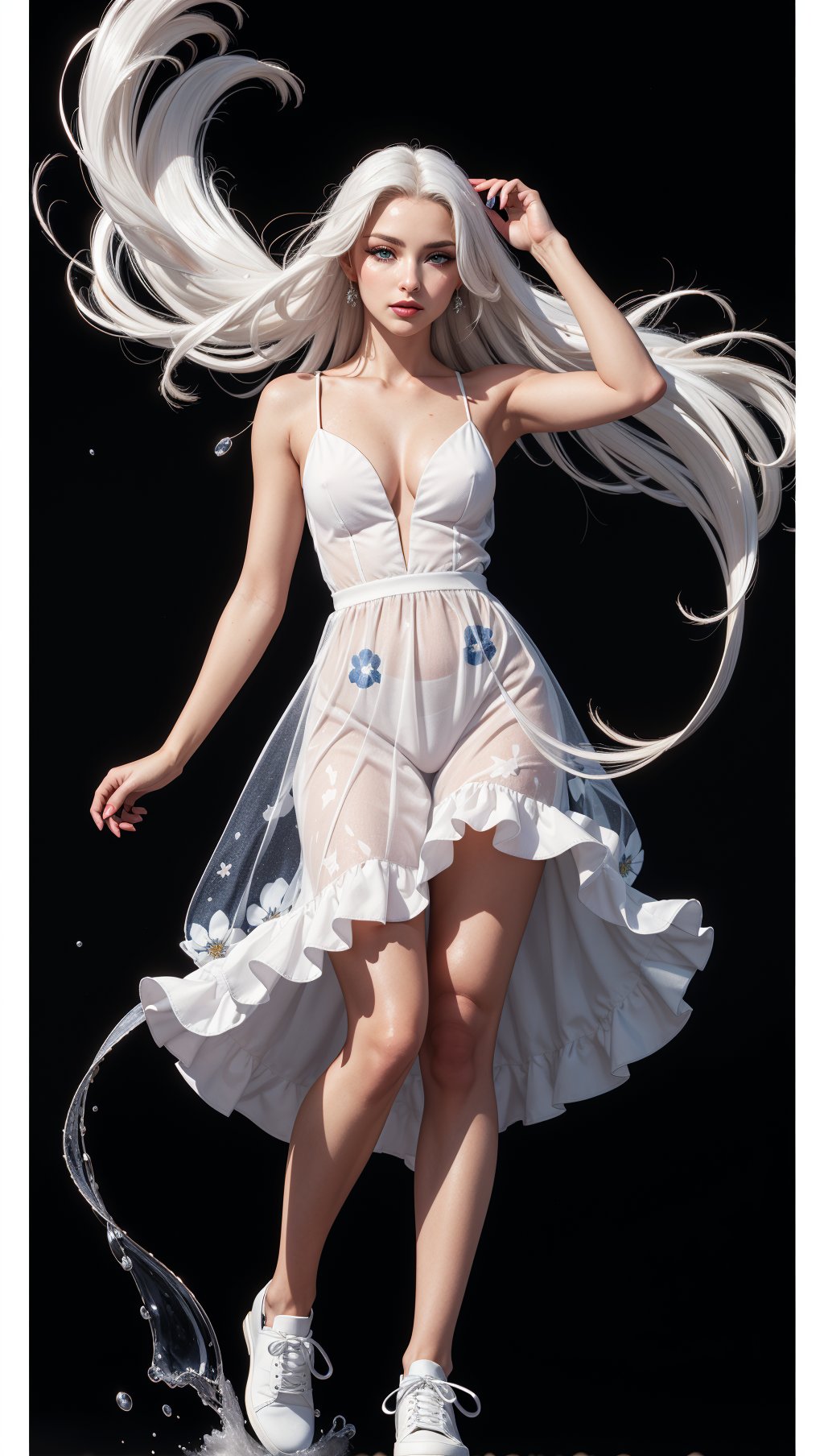 a woman with white hair and blue eyes,in a white dress with a black background and a splashs of paint all over,Celestial Skin,dark skin,flower-pattern,see-through white dress,black under cloths,facing viewer,hair blowing in the wind,white shoes,fantasy,white fires all over,