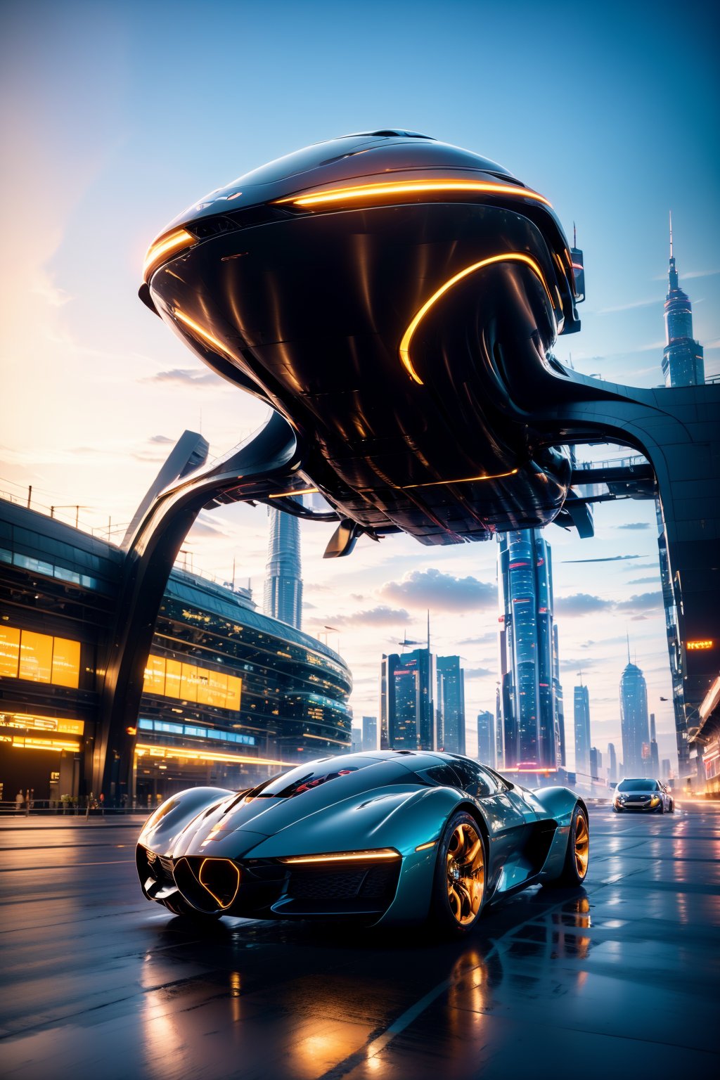 AgainCyberpunk, car, vehicle focus, motor vehicle, no humans, city, sports car, scenery, building, skyscraper, outdoors, science fiction, road, sky, cityscape, cloud, spoiler \(automobile\), reflection, street, realistic