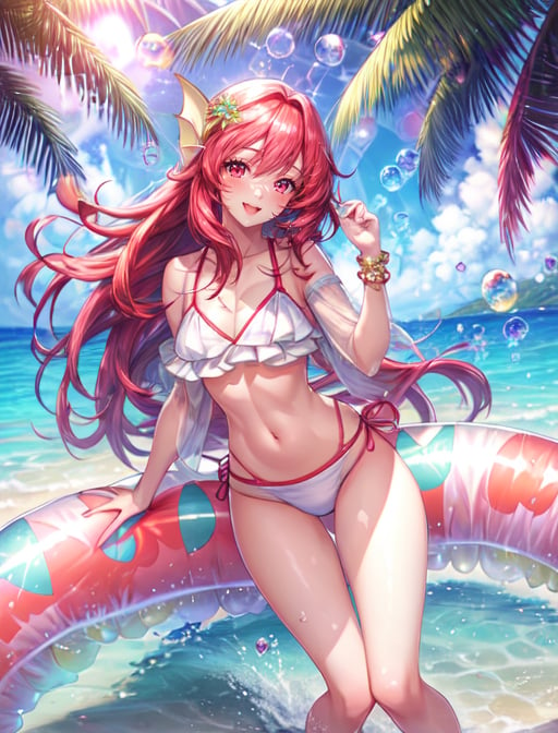 best quality, masterpiece, highres, detailed, digital artwork, <lora:Tools - add_detail:0.2>, AngeVG, <lora:AngeVG:0.8>, 1girl, red hair, long hair, red eyes, head fins, jewelry, white bikini, beach, happy, photo shoot, palm tree, innertube, sparkles, bubbles, shade, 