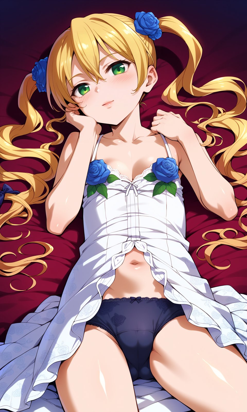 score_9, score_8_up, score_7_up, score_6_up, BREAK1girl, himegamikodama, blonde hair, blue flower, blue rose, blush, breasts, cleavage, collarbone, floral print, flower, green eyes, hair between eyes, hair ornament, head rest, long hair, long legs, looking at viewer, lying, navel, on back, panties, pink flower, pink rose, purple flower, purple rose, red flower, red rose, rose, rose print, shiny, solo, twintails, underwear, underwear only, white rose<lora:HimegamiKodama_Pony:1>