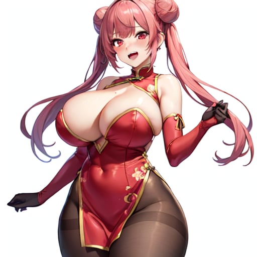 1girl, solo, original, chinese clothes, red dress, brown bodysuit, brown pantyhose, cleavage, cleavage cutout, bare shoulders, detached sleeves, red eyes, pink eyes, streaked hair, long hair, twintails, cone hair bun, huge breasts, curvy, thick thighs, bouncing breasts, seductive smile, naughty face, lewd, sexy, hot, glamorous, blunt bangs, standing, cleft of venus, white background, simple background, anime screencap, anime coloring, key visual, studio anime, standing, 