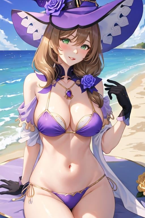 best quality, masterpiece, highres, solo, {lisa_genshin:1.15}, long_hair, green_eyes, bangs, brown_hair, flower, breasts, smile, hat, rose, cleavage, large_breasts, purple_flower, witch_hat, hair_between_eyes, purple_headwear, hair_ornament, jewelry, hair_flower, purple_rose, hat_flower, blush, 1girl, bare_shoulders, bikini, blue_sky, day, looking_at_viewer, outdoors, sky, swimsuit, cloud, purple_bikini, hair_over_shoulder, parted_lips, beach, ocean, underboob