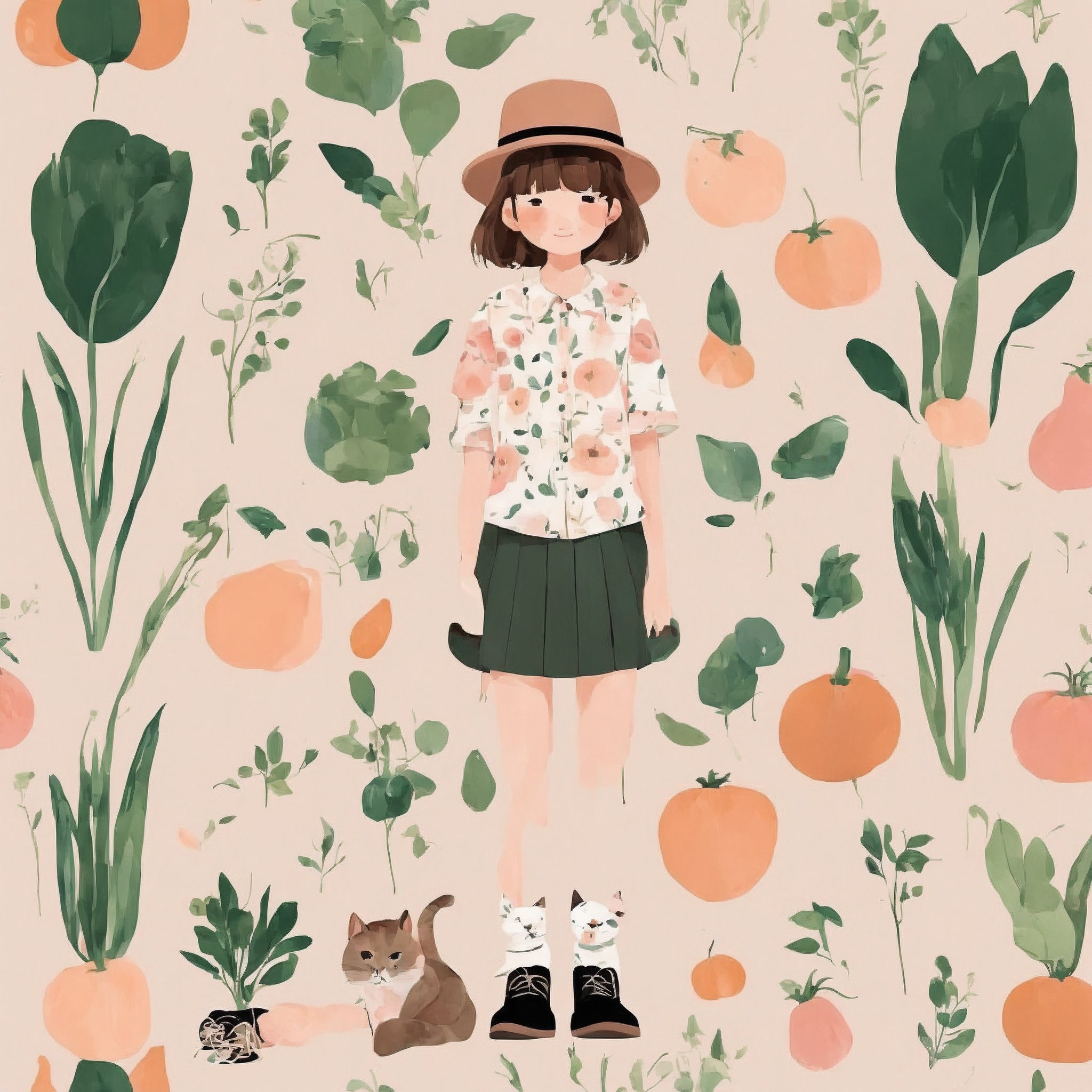 minimalist illustration,official art wallpaper,1boy, black footwear, hat, blush,standing, skirt, brown hair, socks, shirt, floral print, animal, vegetable, shoes, holding vegetable, cat, blush stickers, paw print, bangs, green theme