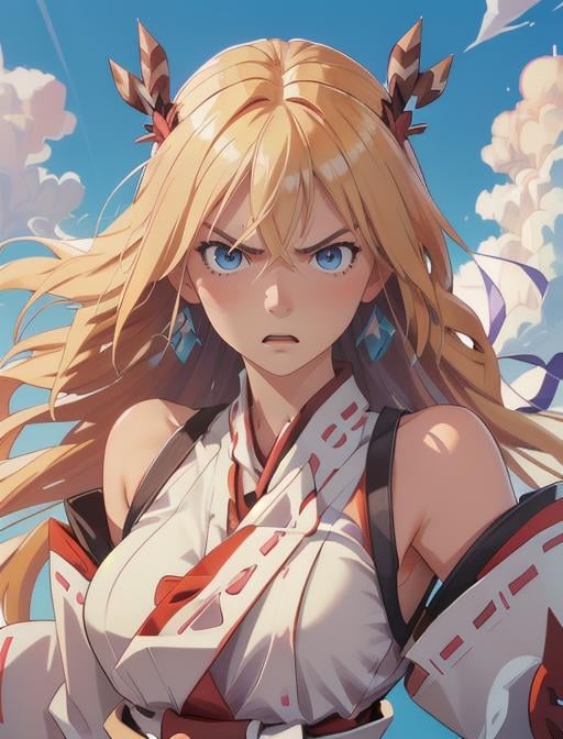 best quality, masterpiece, highres, detailed, digital artwork, <lora:Detail - add_detail:0.2>, MinervaVG, blue eyes, blonde hair, nontraditional miko, upper body, clouds, <lora:Character - MinervaVG:0.8>, heaven, sky, angry, 