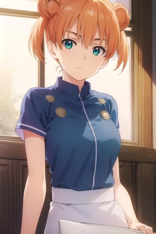 yuukiyoshino, <lora:yuuki yoshino s1-lora-nochekaiser:1>,yuuki yoshino, short hair, twintails, (green eyes:1.3), hair bun, orange hair, double bun,BREAK chef, pants, white pants,BREAK indoors, kitchen,BREAK looking at viewer, (cowboy shot:1.5),BREAK <lyco:GoodHands-beta2:1>, (masterpiece:1.2), best quality, high resolution, unity 8k wallpaper, (illustration:0.8), (beautiful detailed eyes:1.6), extremely detailed face, perfect lighting, extremely detailed CG, (perfect hands, perfect anatomy),