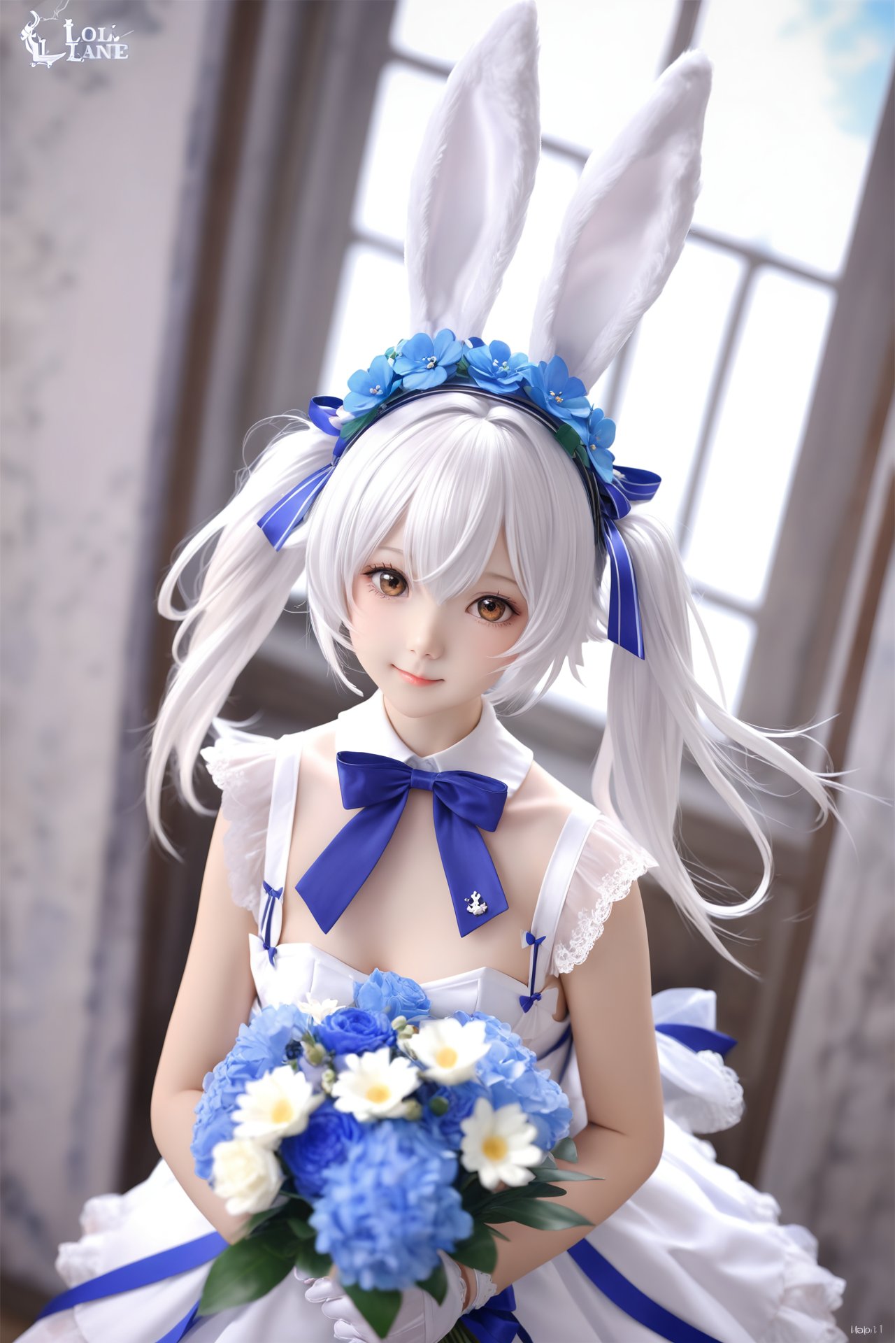 masterpiece, Realism, best quality, loli, 1girl, animal ears, solo, flower, gloves, rabbit ears, white gloves, white hair, hair ornament, dress, looking at viewer, hair flower, white dress, twintails, blurry background, hair between eyes, bow, upper body, white flower, fake animal ears, brown eyes, official alternate costume, lips, blue flower, blue bow, bowtie, ribbon, dutch angle, long hair, breasts, closed mouth, laffey (azur lane), realistic, smile, signature, blue ribbon, bouquet, head tilt, artist name