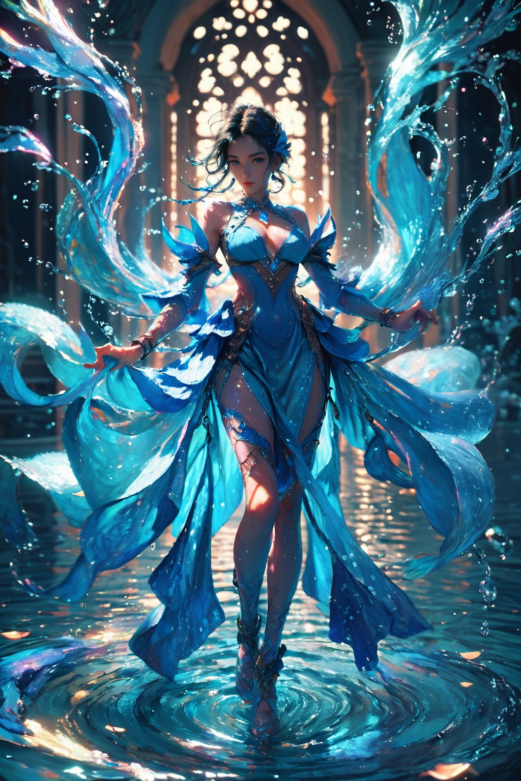 score_9, score_8_up, score_7_up, ethereal, fantasy, surrounded by water splashes, dramatic lighting, dramatic and mystical mood, intricate blue costume, serene expression, water droplets, vibrant and dynamic composition., <lora:yushui-pony:0.6>, full body, 