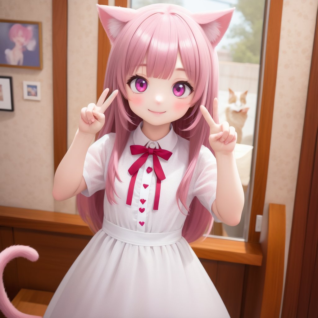 (masterpiece), (best quality), (extremely detailed), (1girl), solo, (pretty cute girl), looking at viewer, smile, slender, evenly sized eyes, extremely detailed eyes, upper body, outdoors, extremely detailed wallpaper, (completely detailed features), 16k, pink eyes, pink hair, cat girl, black animal ears, black tail, looking at viewer, smile, peace sign, pink kawaii room, heart item, red ribbon, pink and white dress, standing, indoors, fluffy