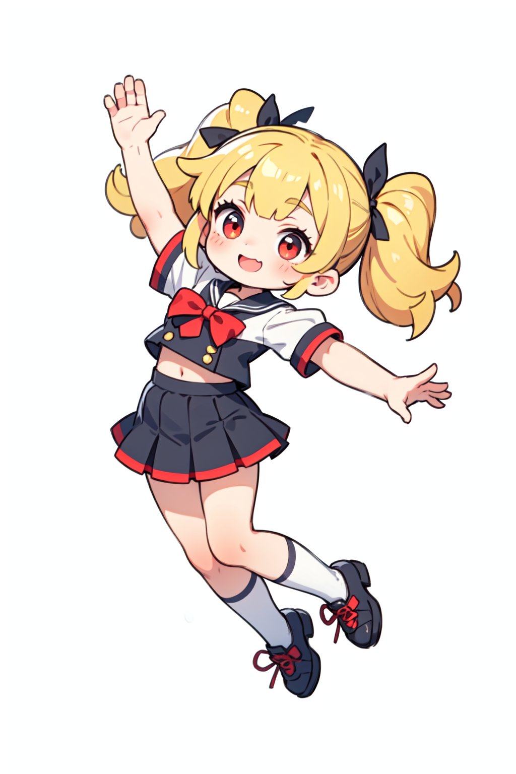 chibi,best quality,masterpiece,cute:1.2,yellow hair,red eyes,twintails,white cheer girl's uniform,black ribbon,bangs,solo welcome pose, happy,celebrate,stretching hands,raise hands,say hello,(((jump up))),dynamic angle,white background, 