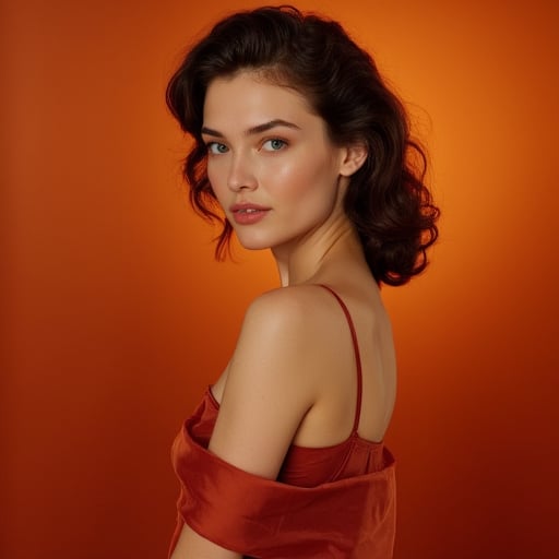 Against the plain, terracotta backdrop of an Art Deco design, a charismatic individual poses waist-up, their dark brown hair styled with subtle texture and eyes locking onto the camera lens with unbridled confidence. The soft, warm glow illuminates them highlighting delicate features and accentuating their figure.