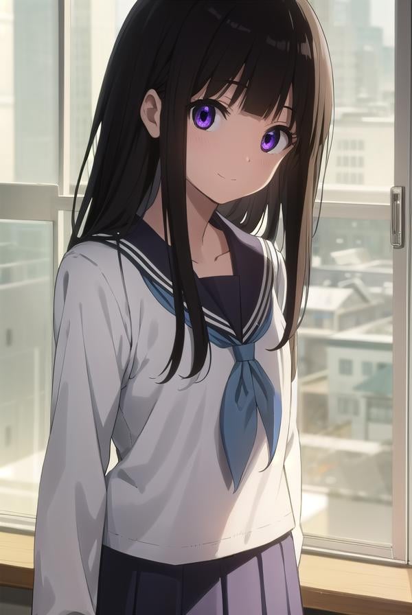 eruchitanda, <lora:eru chitanda s1-lora-nochekaiser:1>,eru chitanda, long hair, black hair, bangs, blunt bangs, (purple eyes:1.1), sidelocks, smile,BREAK skirt, school uniform, serafuku, kamiyama high school uniform \(hyouka\), black skirt, long sleeves, black sailor collar,BREAK indoors, classroom,BREAK looking at viewer, (cowboy shot:1.5),BREAK <lyco:GoodHands-beta2:1>, (masterpiece:1.2), best quality, high resolution, unity 8k wallpaper, (illustration:0.8), (beautiful detailed eyes:1.6), extremely detailed face, perfect lighting, extremely detailed CG, (perfect hands, perfect anatomy),