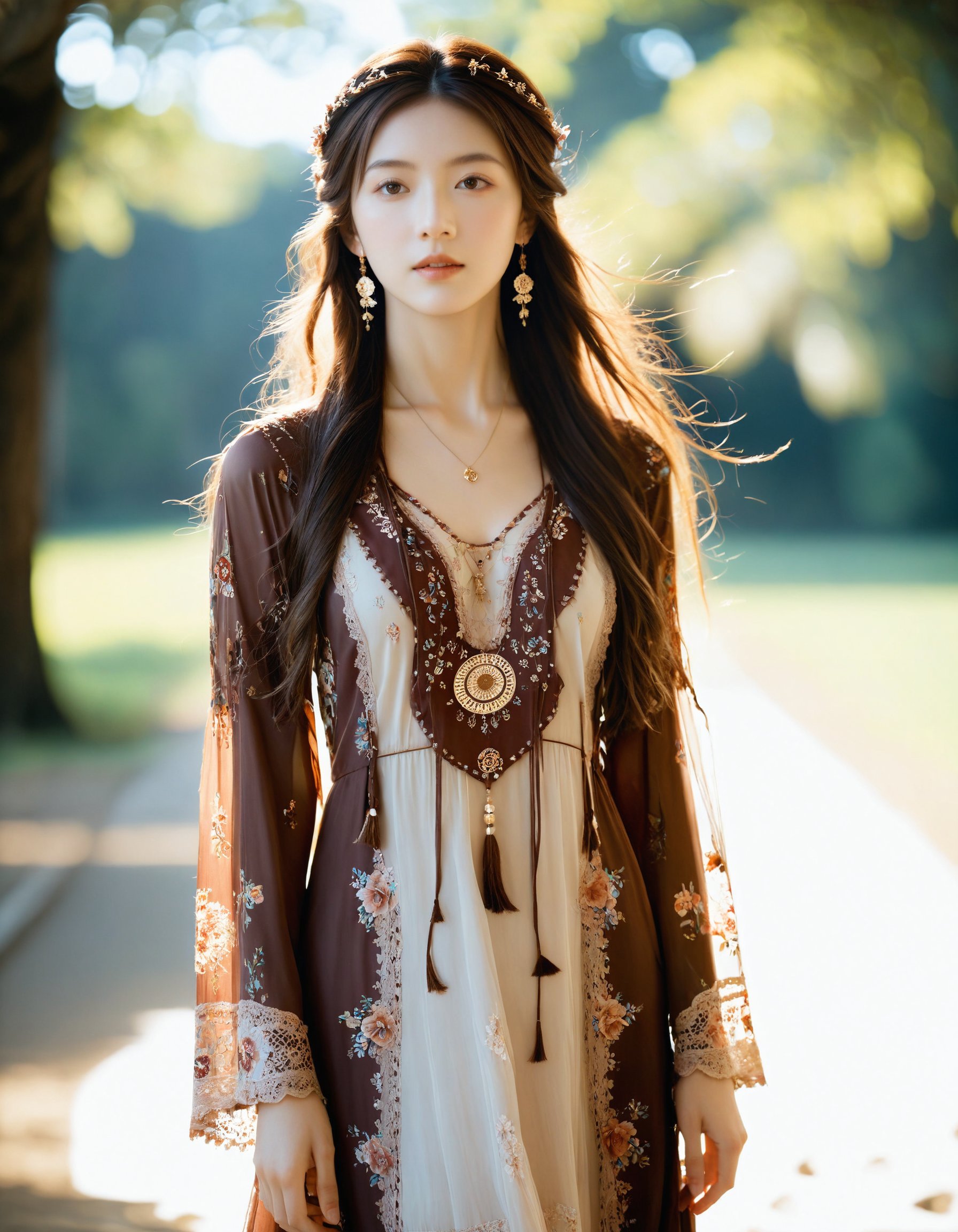 best quality, masterpiece, bohoai hinaigirl, raw photo of a woman in floral long lace dress which often for ornate details and floral symbols, flowing long brown hair cascading over her shoulders,middle distance shot taken by long range lens, high key light, hard shadow, soft bokeh, professional photography, balanced contract, balanced exposure, <lora:boho_hinaigirl_v1:0.7>