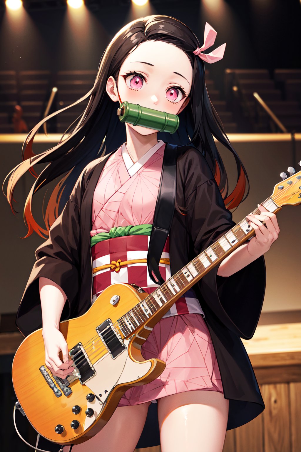 masterpiece, best quality, highres, aanezuko, long hair, multicolored hair, hair ribbon, bit gag, mouth hold, japanese clothes, pink kimono, haori, black jacket, long sleeves, checkered sash, obi, <lora:kamado_nezuko_v1:0.7>, stage, holding instrument, guitar, standing, cowboy shot,