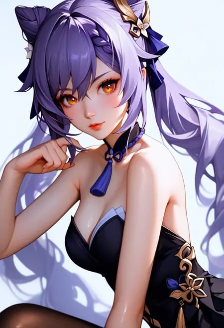 score_9, score_8_up, score_7_up, hand draw anime style, oil painting style, 1 woman, solo, long hair, looking at viewer, bangs between eyes, copper eyes, twilight city scape background, guanfu，purple hair ，twintails， hair ornament ，bare shoulders ，cone hair bun, hair bun ，alternate costume, black dress, strapless, strapless dress, black pantyhose , Keqing Genshin Impact, three quarter  body