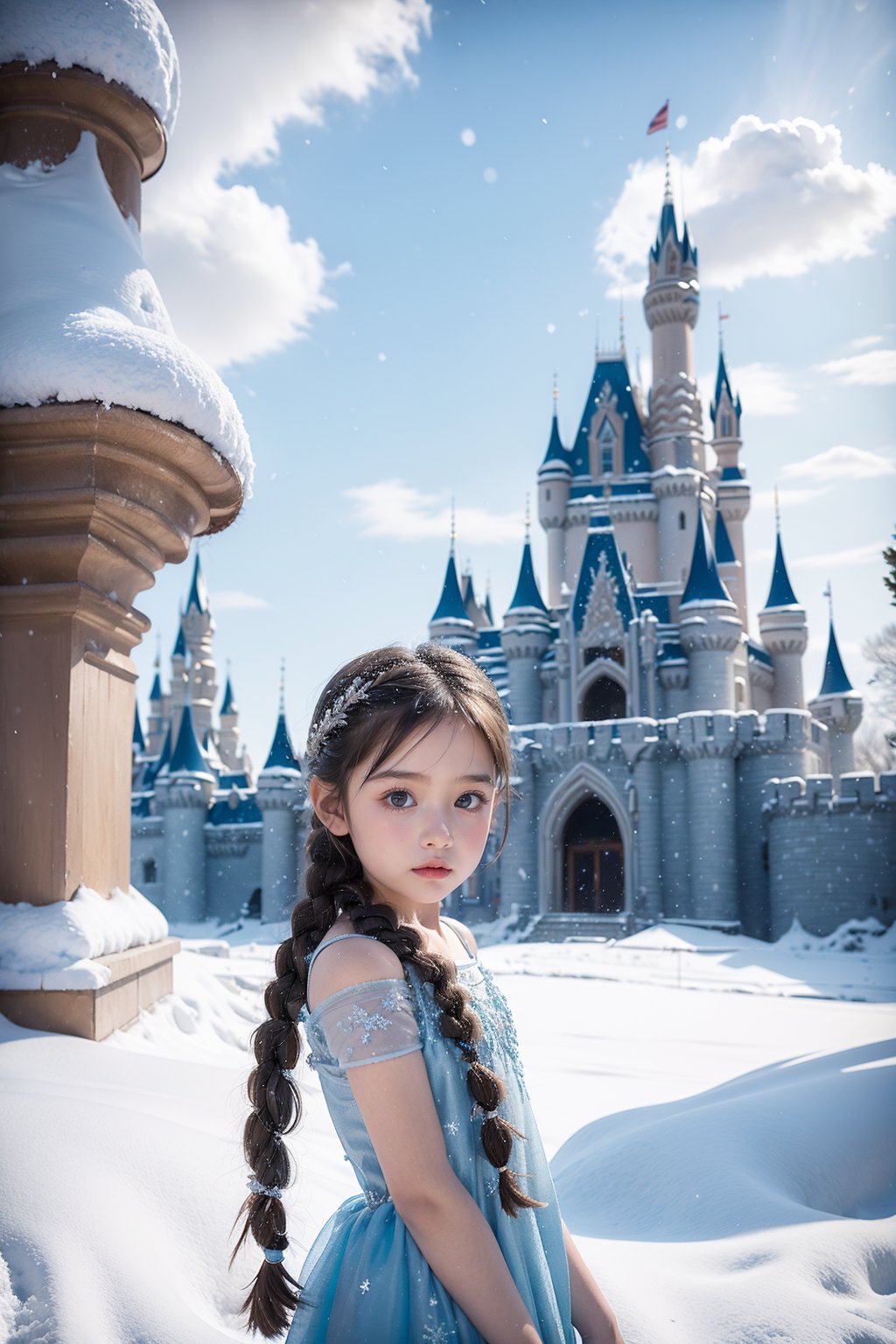 (5 year old girl:1.3),braid,elsa (frozen),(behind him is a huge castle:1.2),dress,solo,snow,blue dress,castle,twin braids,winter,outdoors,cloud,tree,long hair,blue eyes,full body,standing,brown hair,looking at viewer,cloudy sky,snowflakes,building,sky,bare shoulders,hair over shoulder,long dress,<lora:AISHA_20240414192804-000002:0.8>,