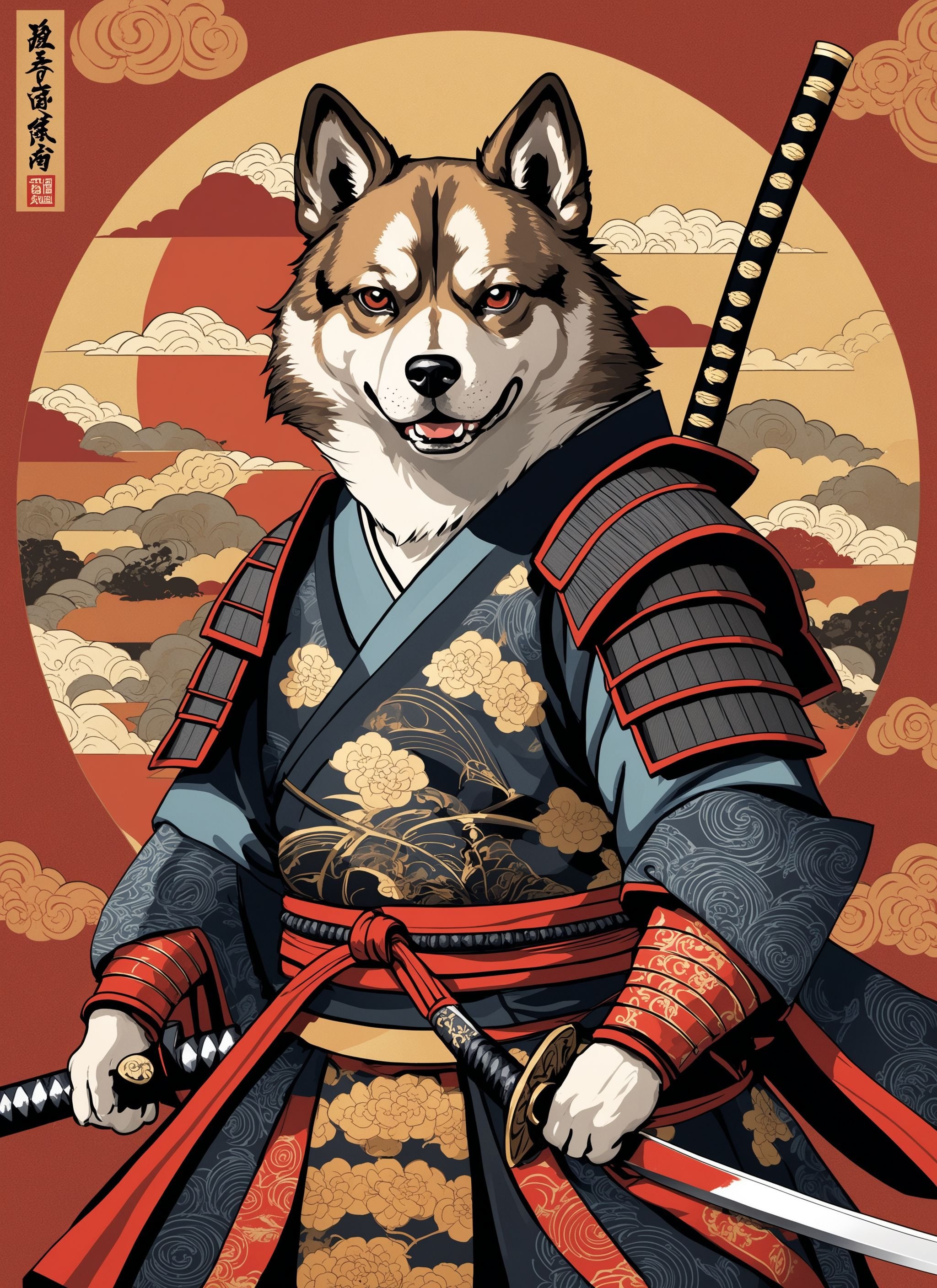 Portrait Ukiyo-e artwork, (Sword-wielding samurai dog:1.3), Off-center focus, Courageous fighter, (Shiny sword and fierce eyes:1.2), Stoic expression, Proud stature, Noble lineage, (Majestic armor:1.2), Rich colors, Detailed patterns, Historical homage, Sharp precision