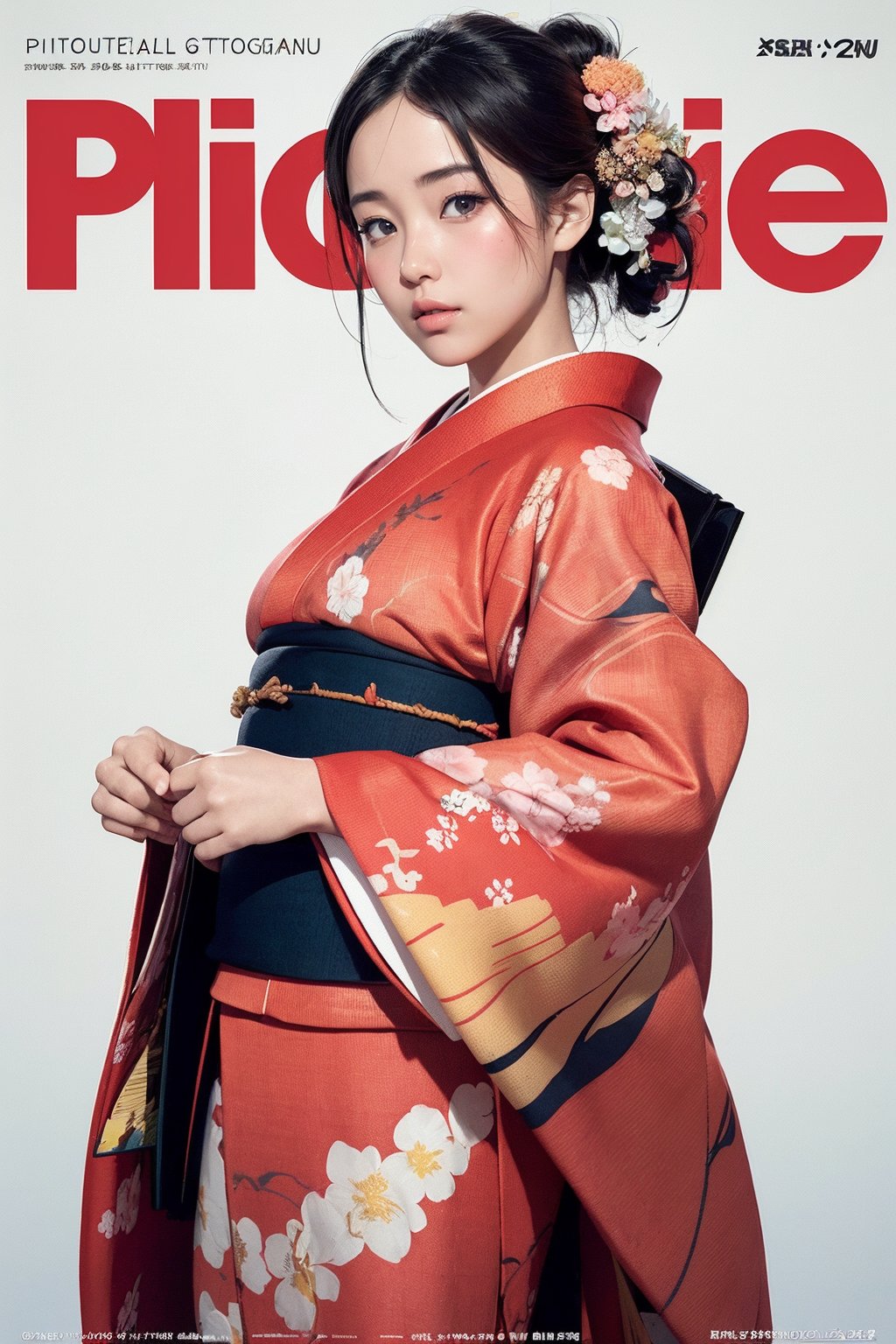 girl, (photorealistic:1.4), wide shot, posing,( magazine cover design:1.3),,kimono