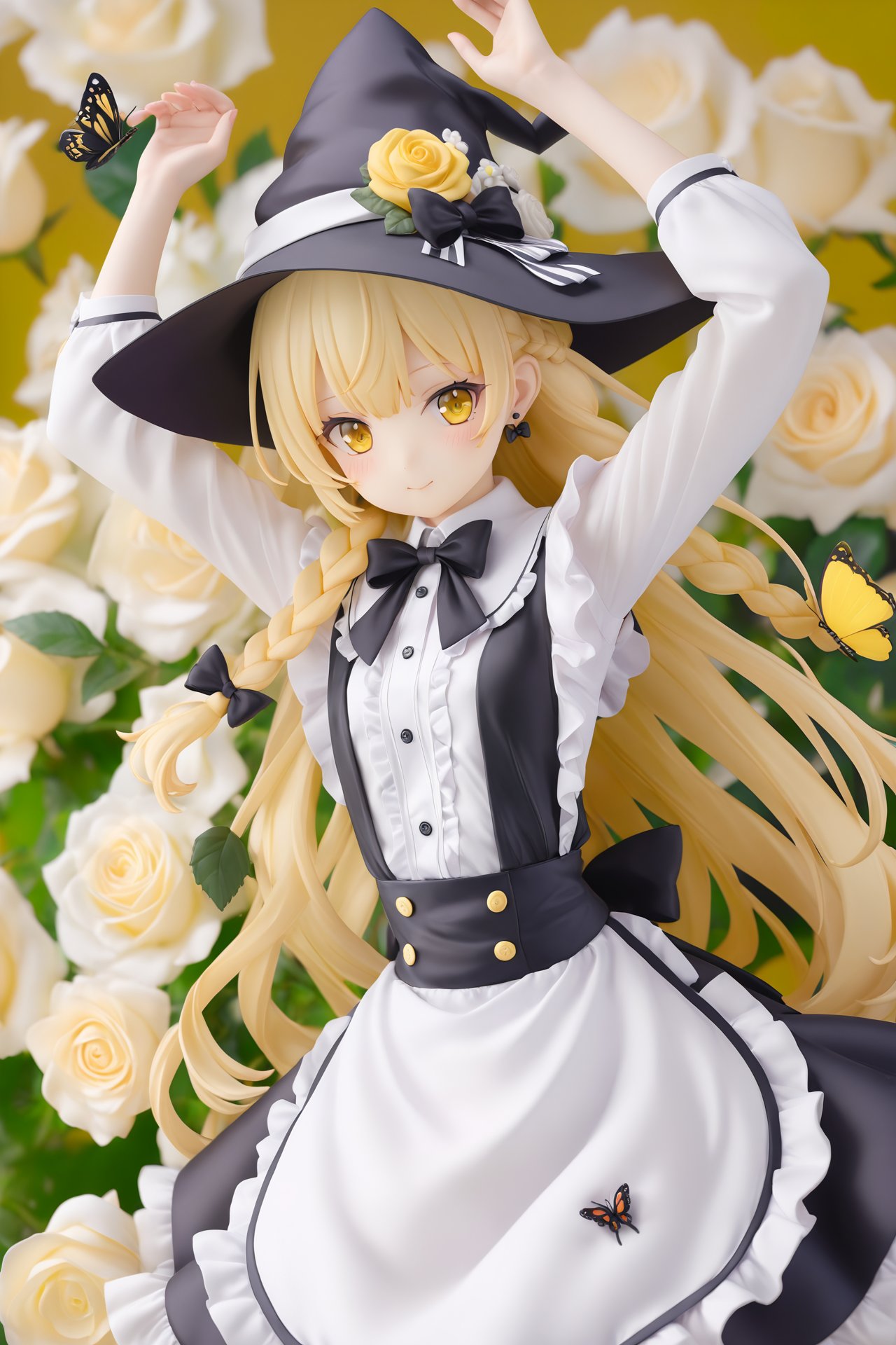 masterpiece,loli,1girl,hat,kirisame marisa,blonde hair,solo,yellow eyes,bug,witch hat,butterfly,long hair,braid,bow,flower,apron,black headwear,single braid,long sleeves,earrings,hair ornament,jewelry,white bow,hair flower,shirt,white shirt,closed mouth,hair between eyes,black bow,waist apron,white apron,hat bow,black skirt,white flower,blush,bowtie,skirt,black bowtie,looking at viewer,hair bow,rose,black vest,vest,frills,signature,buttons,hand on headwear,upper body,frilled apron,white rose,arms up,cowboy shot,yellow butterfly,arm up,hands up,artist name,side braid,ribbon