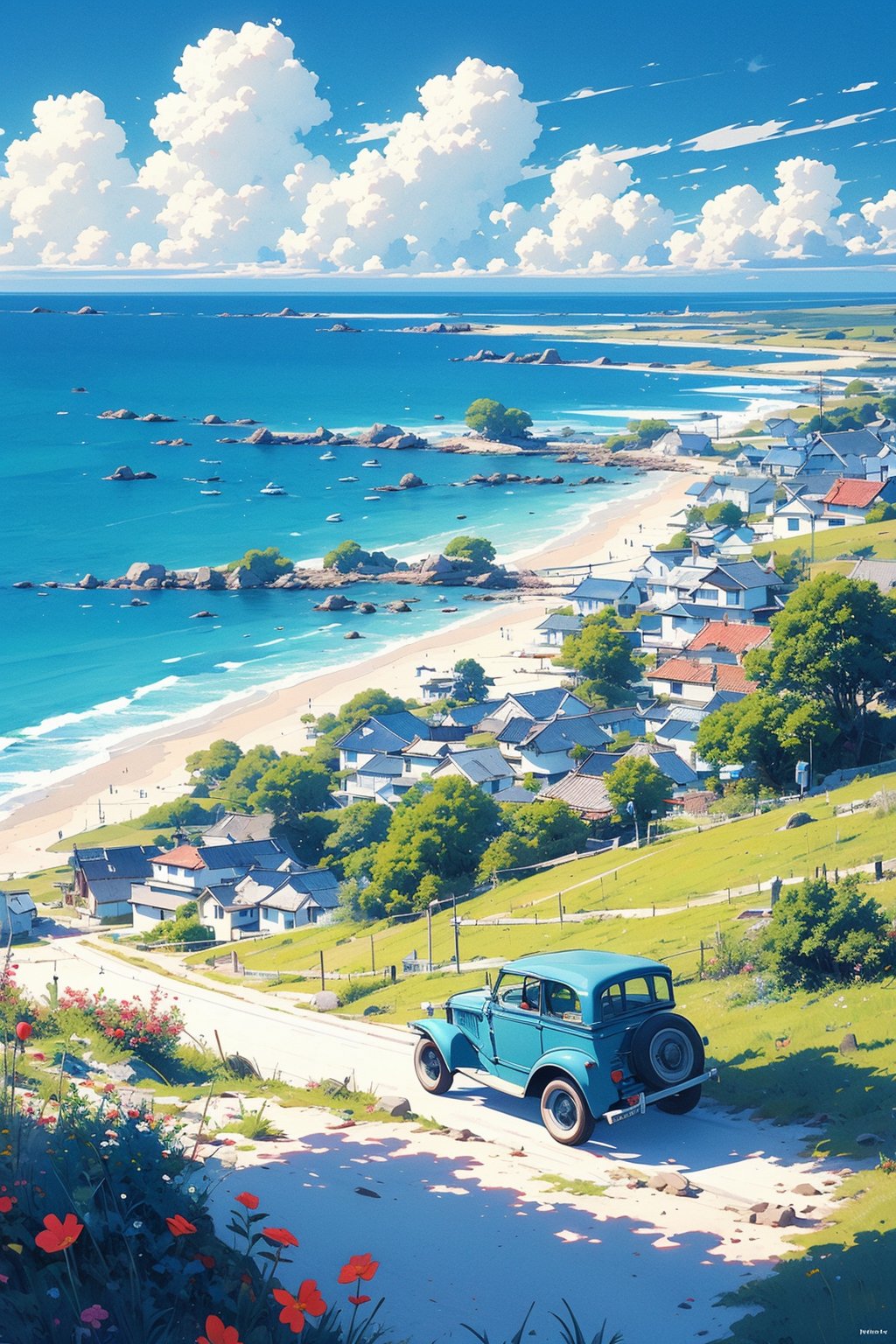 flower, outdoors, sky, day, cloud, water, tree, blue_sky, no_humans, ocean, beach, cloudy_sky, grass, ground_vehicle, building, scenery, motor_vehicle, horizon, car, road, house