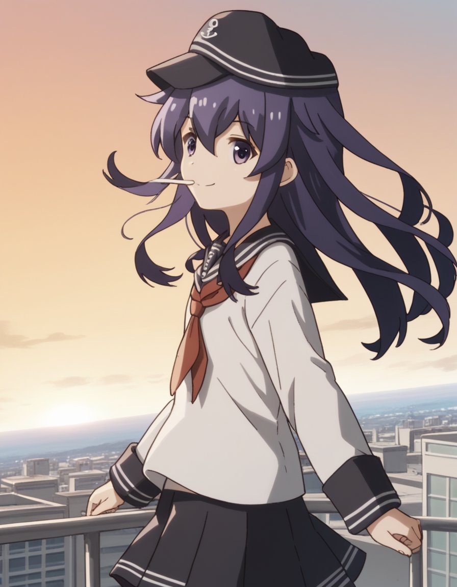 score_9, score_8_up, score_7_up, source_anime, <lora:kancolle-akatsuki-s1-ponyxl-lora-nochekaiser:1>, akatsuki, long hair, hair between eyes, purple eyes, purple hair, akatsuki (kancolle), skirt, shirt, long sleeves, hat, school uniform, pantyhose, pleated skirt, serafuku, black skirt, sailor collar, neckerchief, black pantyhose, red neckerchief, anchor symbol, flat cap,, rooftop, sunset, cityscape, quiet moment, wind blowing, contemplative, , looking at viewer, smile, from side, solo,, cowboy shot, dutch angle