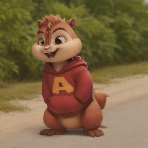 <lora:AlvinCGI:1>, alvincgi, male, wearing hoodie, outdoors, furry, chipmunk, rodent