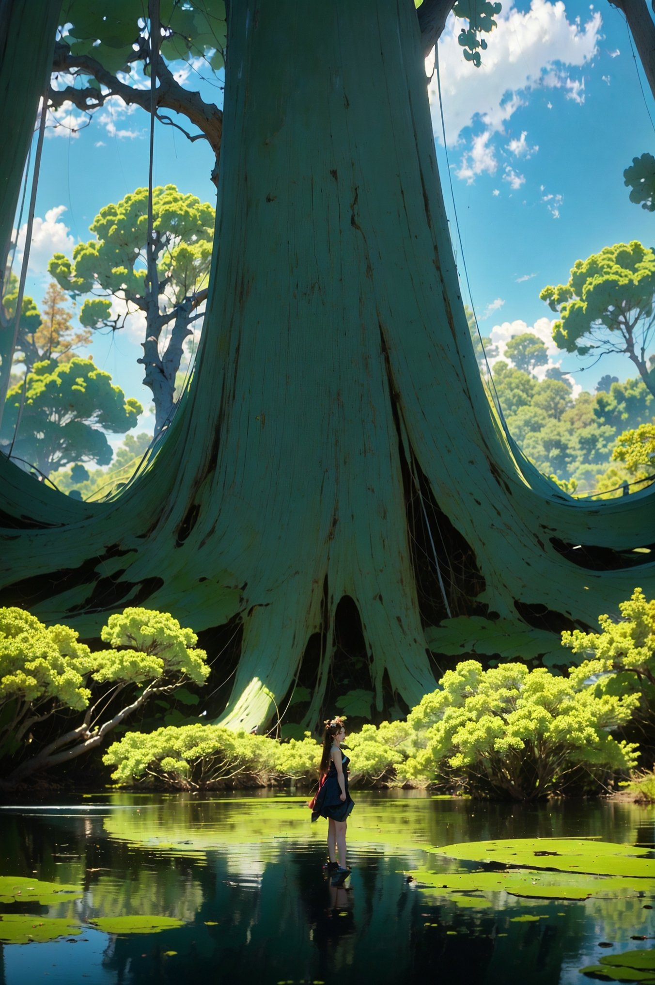 swamp，(wide shot, wide-angle lens,Panoramic:1.2),super vista, super wide Angle，Low Angle shooting, super wide lens, Scenery, (huge trees:1.4)，Dynamic Angle, Perspective, High Point,pov，(dramatic, gritty, intense:1.4),masterpiece, best quality, 8k, insane details, intricate details, hyperdetailed, hyper quality, high detail, ultra detailed,1 girl, animal ears, forest, hunting, confident expression, sharp eyes, long flowing hair, camouflage headband, archery pose, drawing bowstring, quiver of arrows on back, agile movement, cautious footsteps, blending with nature, sunlight filtering through trees, serene atmosphere, birdsong, clear stream, attentive to surroundings, harmonious connection with wildlife，A mature face，sideways glance, (cold attitude,eyeshadow,eyeliner:1.1),(red lips:1.2),watery eyes, jewelry，earrings，bare shoulders，updo, hair bun，dress，flower，hair ornament，necklace，A shot with tension，(sky glows，Visual impact,giving the poster a dynamic and visually striking appearance:1.2),Chinese Zen style,impactful picture,<lora:绪儿-巨树沼泽 swamp:0.8>