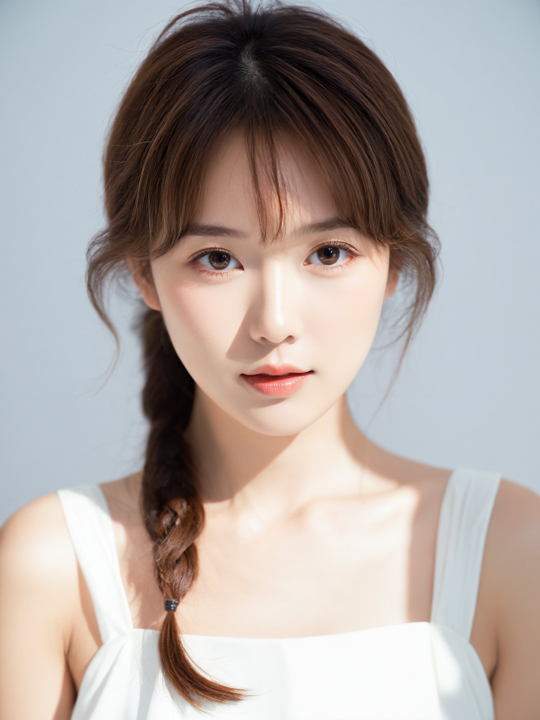 best quality, masterpiece,raw photo of asian female in white dress, close up face, brown hair, fashion accessories, looking at viewer, indoor, day time,professional photo, high contrast exposure, soft bokeh, high key light, hard shadow, soft bokeh, simple background, white background,