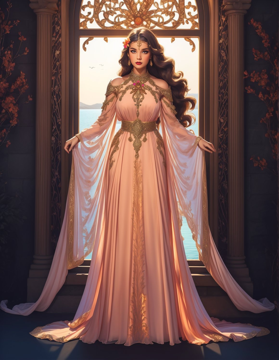 (full body photo:1.3), adult woman, HHUD, <lora:HUD3:0.8>,  standing, wearing HUD_spr_armr, hair flower, long (fire opal chiffon dress), long sleeves, jewelry, intricate engraved metal neckpiece, shoulder piece, kornerupine jeweled belt, breastplate, laser cut sleeves, <lora:HUD_spr_armr-07:0.3>, (long hair:1.1), 4k, setting with trees and a lake