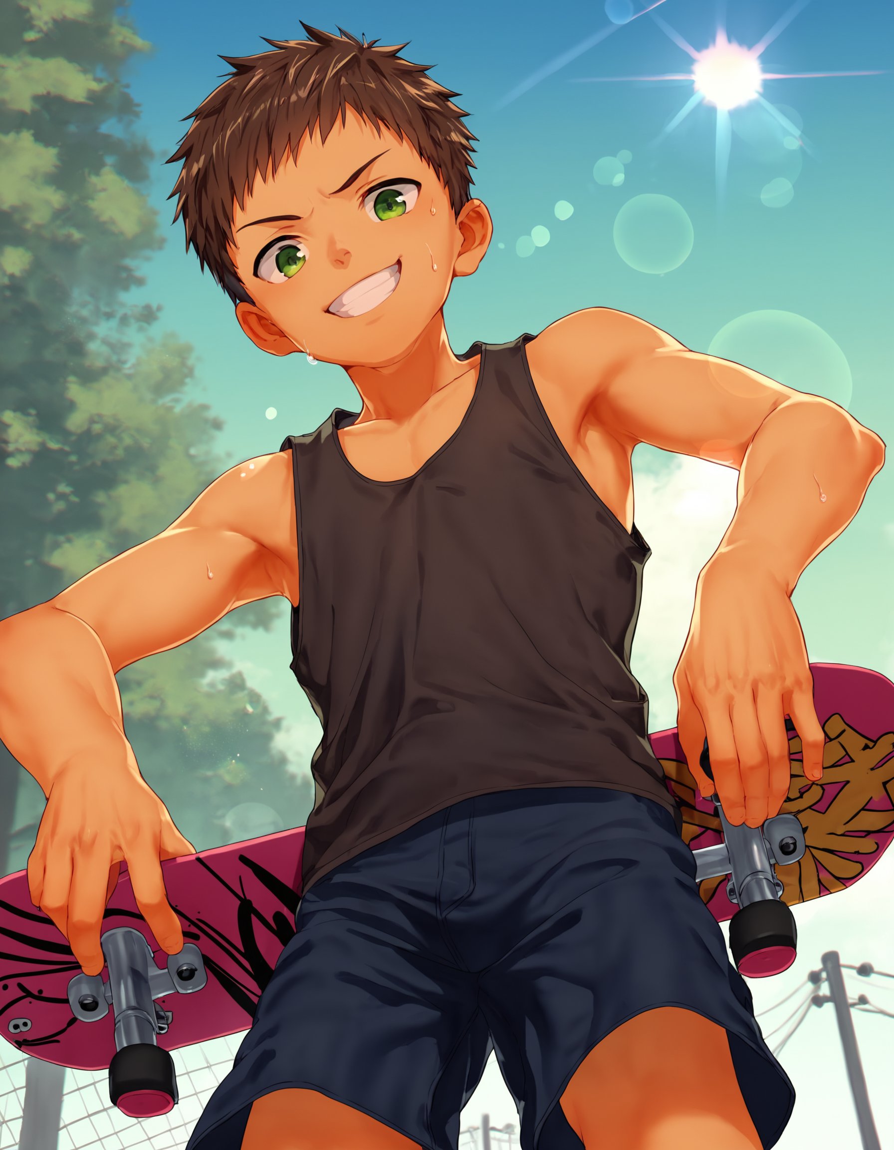 score_9, score_8_up, score_7_up, score_6_up, source_cg, outdoors, sun, lens flare, from below, dutch angle, 1boy, brown hair, green eyes, solo, tank top, shorts, standing, holding skateboard, looking down at viewer, grin, sweatdrop <lora:fujimodoki-amxl-v1c-ShoAI:1>