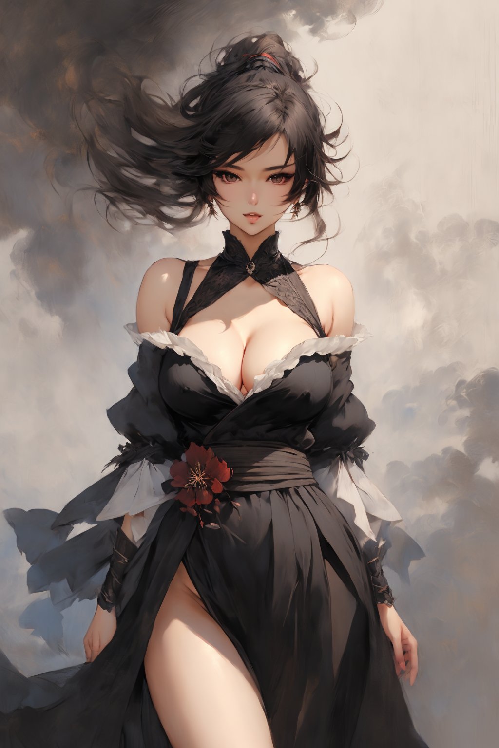 nsfw,(Masterpiece:1.2, high quality),(pixiv:1.4),Eyebrows like willow leaves,The face is as beautiful as a flower,the eyes are tender. Small waist,big breasts,revealing cleavage; Lips slightly open,seductive expression.,girl,<lora:mwuxia_20231223183045:0.8>,