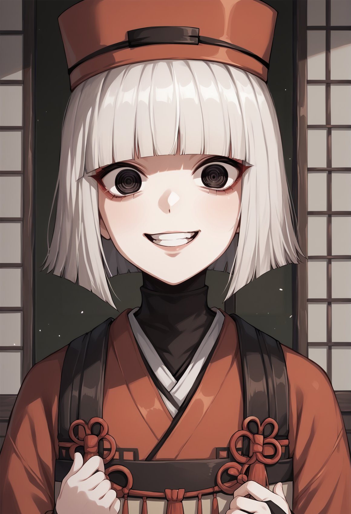 1girl, pale skin, short hair, grey hair, black eyes, bob cut, japanese clothes, kimono, red kimono, sash, long sleeves, wide sleeves, bridal gauntlets, hat, close-up, @ @, smile, teeth, yandere, horror \(theme\),  indoors, japanese house, dark, darkness <lora:SenHime:1>, score_9, score_8_up, score_7_up, score_6_up, score_5_up, score_4_up, BREAK source_anime, masterpiece