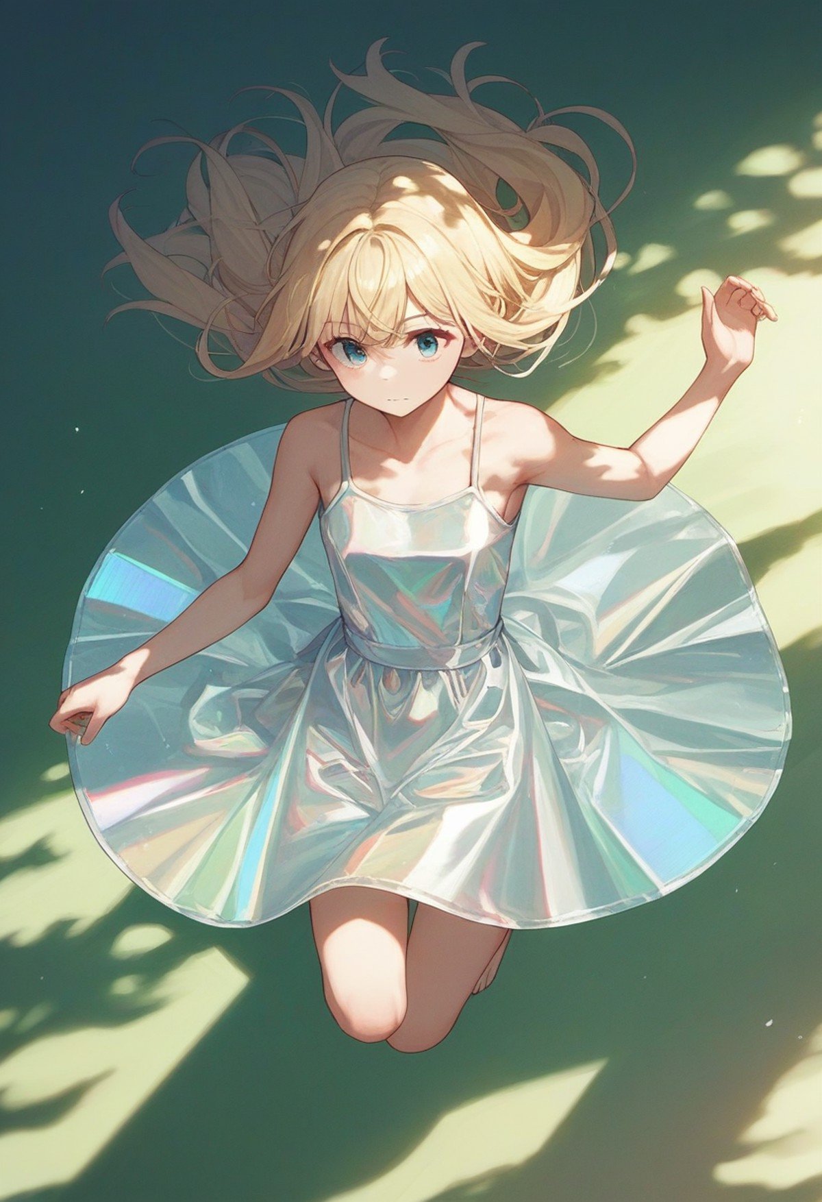 score_9, score_8_up, score_7_up, score_6_up, source_anime, <lora:holographic_v0.2-pony:1>1girl, blonde hair, holographic sundress, dappled sunlight, jumping, from above, 